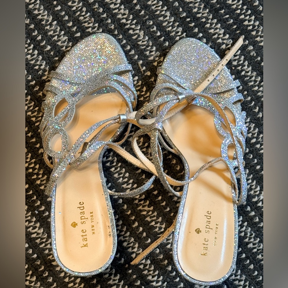 Women’s Kate Spade Holiday Silver Multi Sparkle Glitter heel ankle strap 9.5